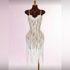 Sheer Lace Chemise Slip in White with Scalloped Hem